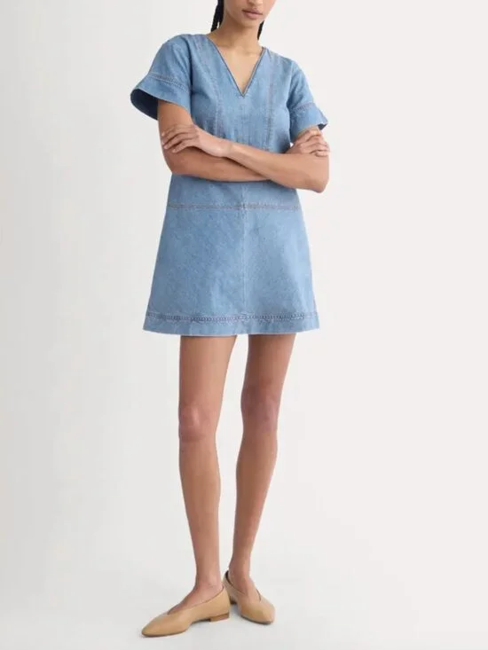 NWT Womens Everlane Denim Short-Sleeve Dress - Light Indigo - Size 2 - Picture 2 of 9